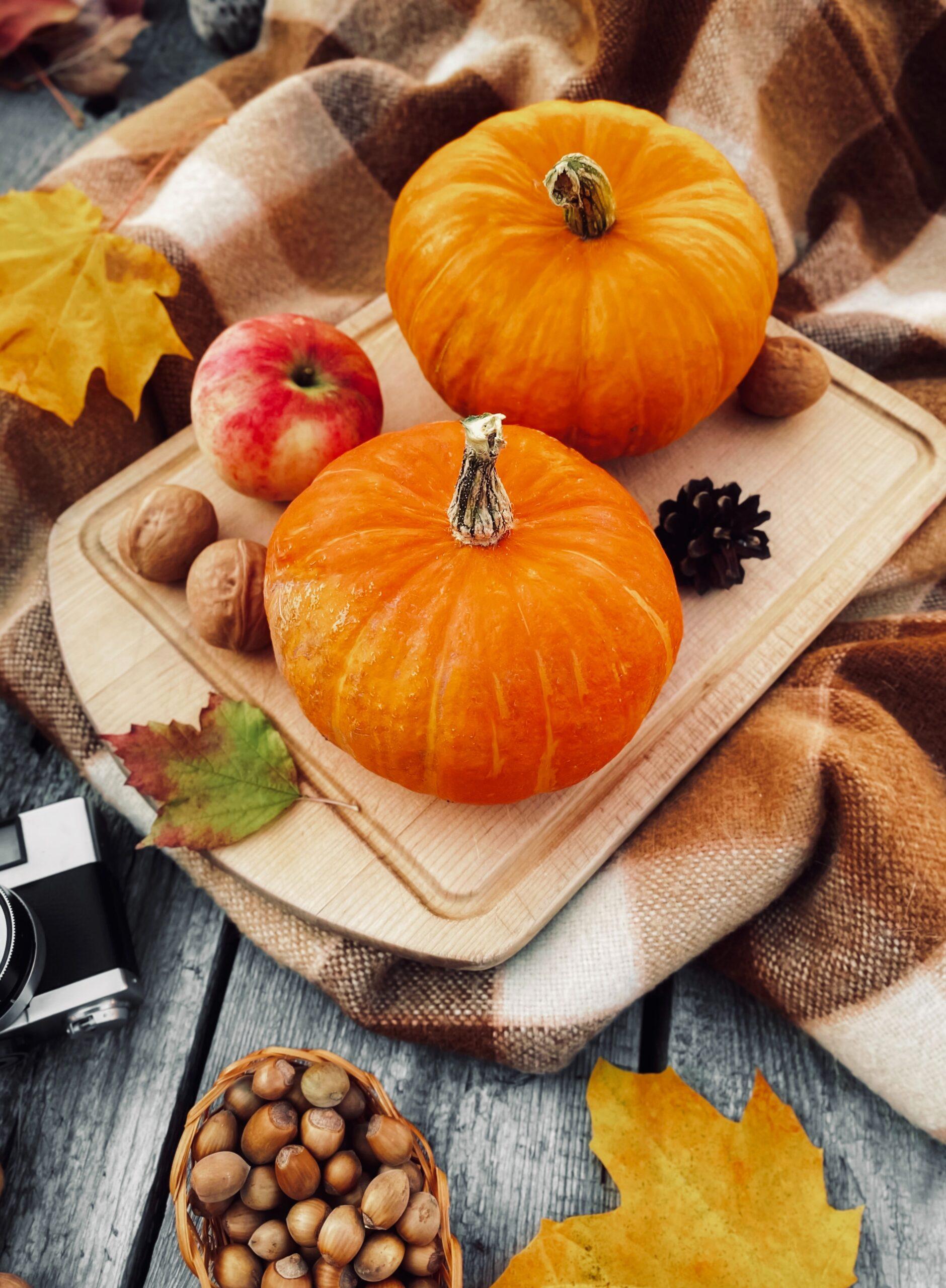 Pumpkins, apples, and nuts used to make pumpkin oatmeal.