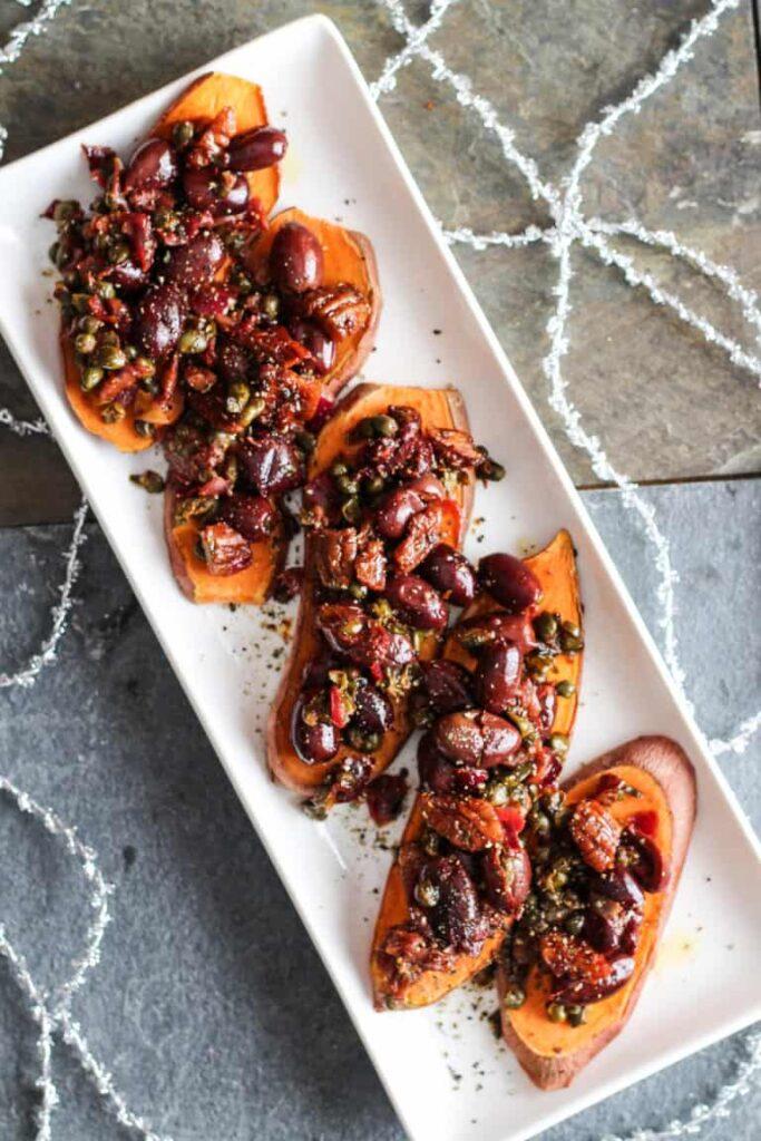 These sweet potato toasts are a healthier choice for Thanksgiving appetizers, from Grateful Grazer