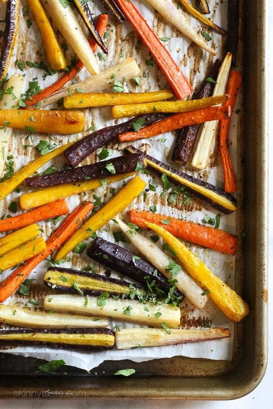 Roasted vegetables are a way to add color, flavor, and essential nutrients to your Thanksgiving plate. From SkinnyTaste.